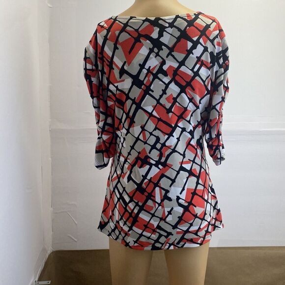Alfani Blouse Womens M Black Red Geometric Print Short Ruched Sleeve Stretch - Picture 2 of 12
